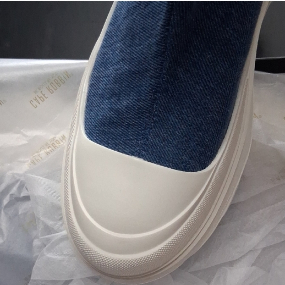 Cape Robbin Distressed Denim Blue Over-the-Knee Sock Boots with White Platform - Picture 9 of 12